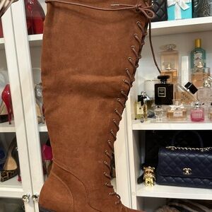 Brown Lace-Up Knee-High Boots